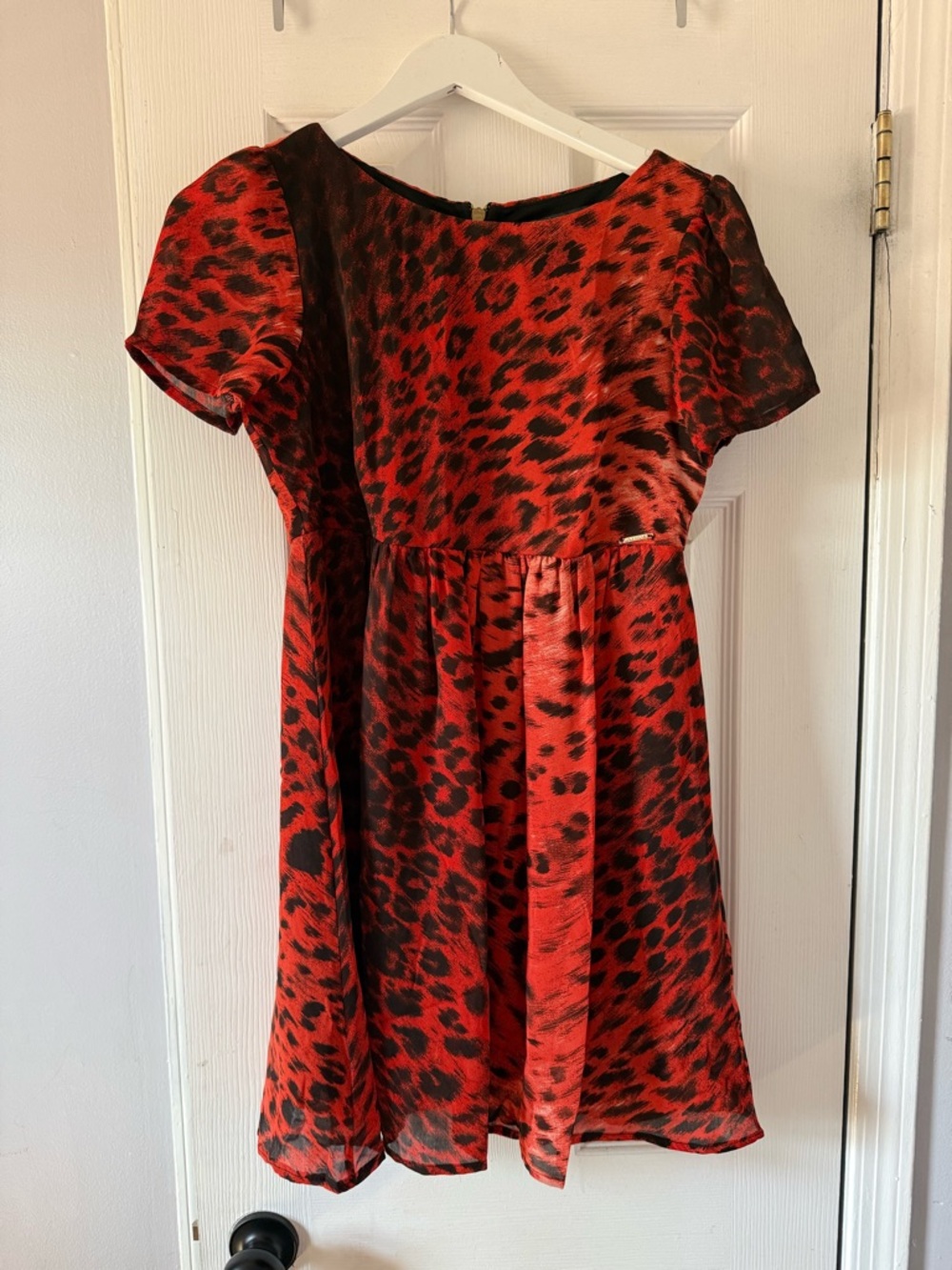 Red orange and Black Leopard Print, animal print Short Sleeve Dress Size sm/med